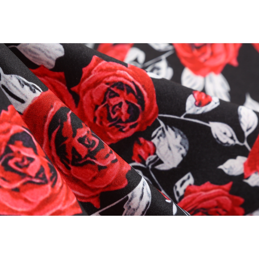 Đầm Chữ A Cổ V Tay Dài Màu Đỏ Đen Thêu Hoa Hồng Kiểu Vintage Cho Nữ