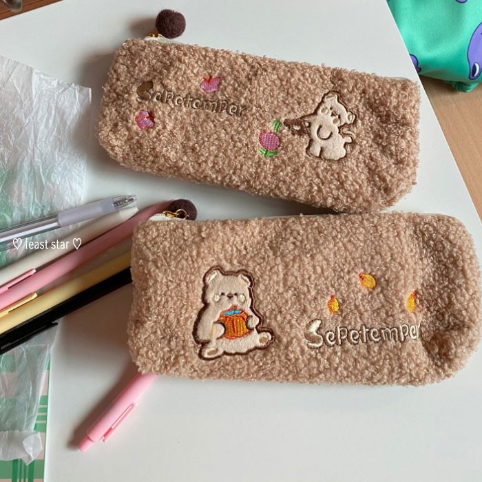 Túi Đựng Bút Thêu Hình Gấu Hoạt Hình Phối Khóa Kéo Xinh Xắn