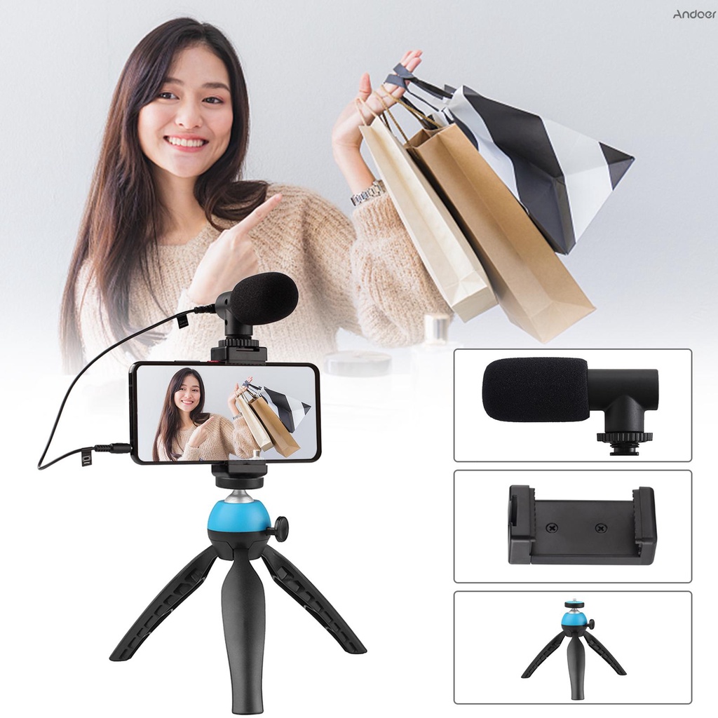 ✧   Portable Smartphone Video Kit Phone Video Rig with Cardioid Microphone + Adjustable Phone Holder + Mini Desktop Ballhead Tripod for Phone Vlog Video Recording Live Streaming