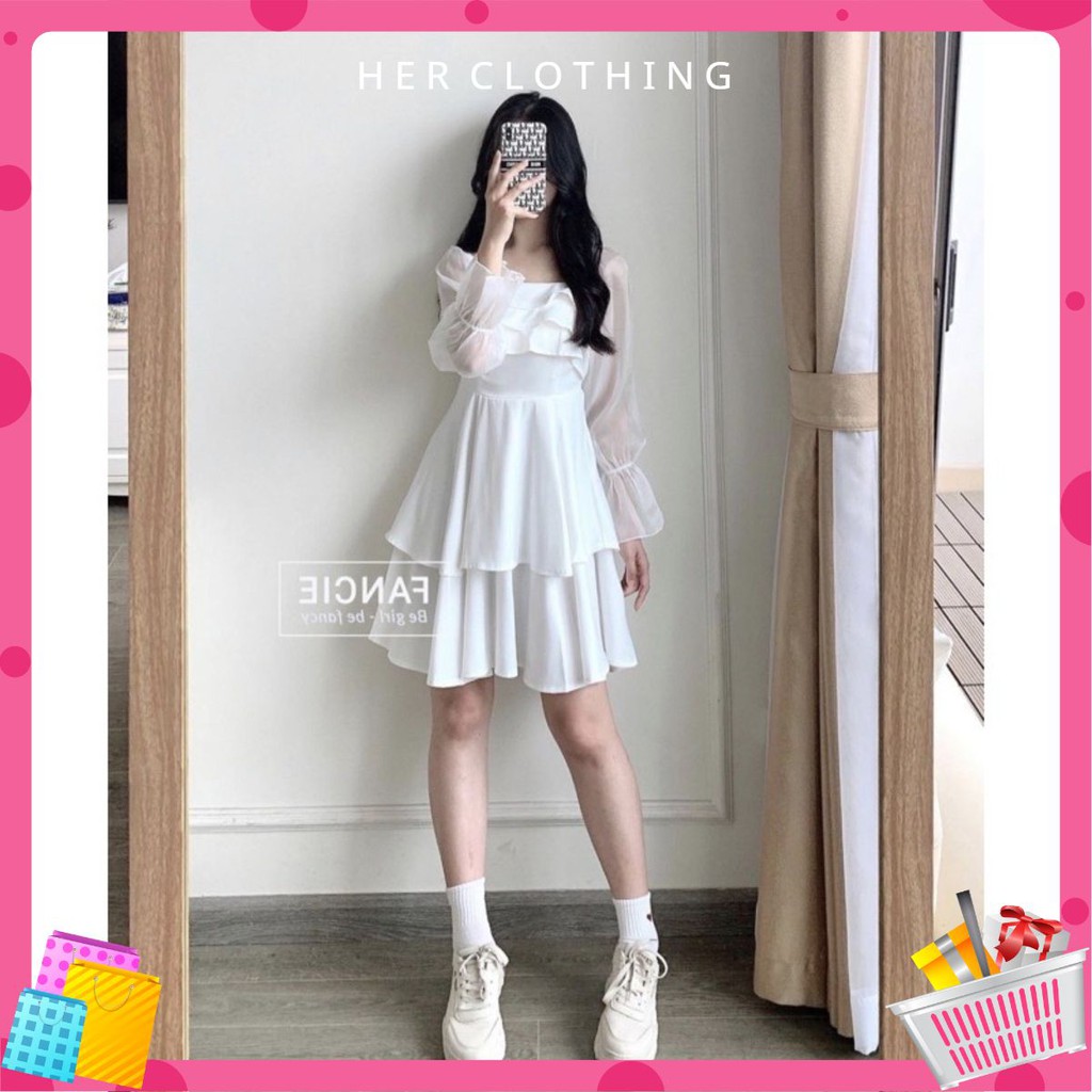 Váy trắng cúp ngực thiết kế xếp tầng cực xinh [Có lót toàn thân]