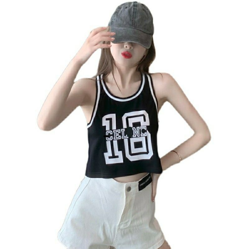 Áo croptop 3 lỗ in hình số 16 siêu chất, áo sát nách hai dây bản to phong cách thể thao