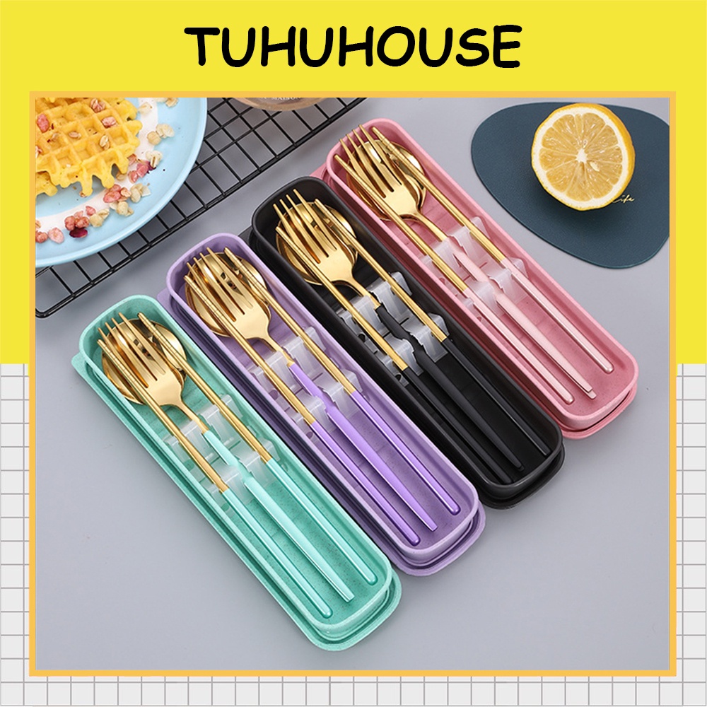 Bộ Muỗng Đũa Nĩa Thìa Inox 304 Mạ Vàng Dụng Cụ Ăn Cơm Trưa Văn Phòng Dã Ngoại Cá Nhân - Tuhuhouse