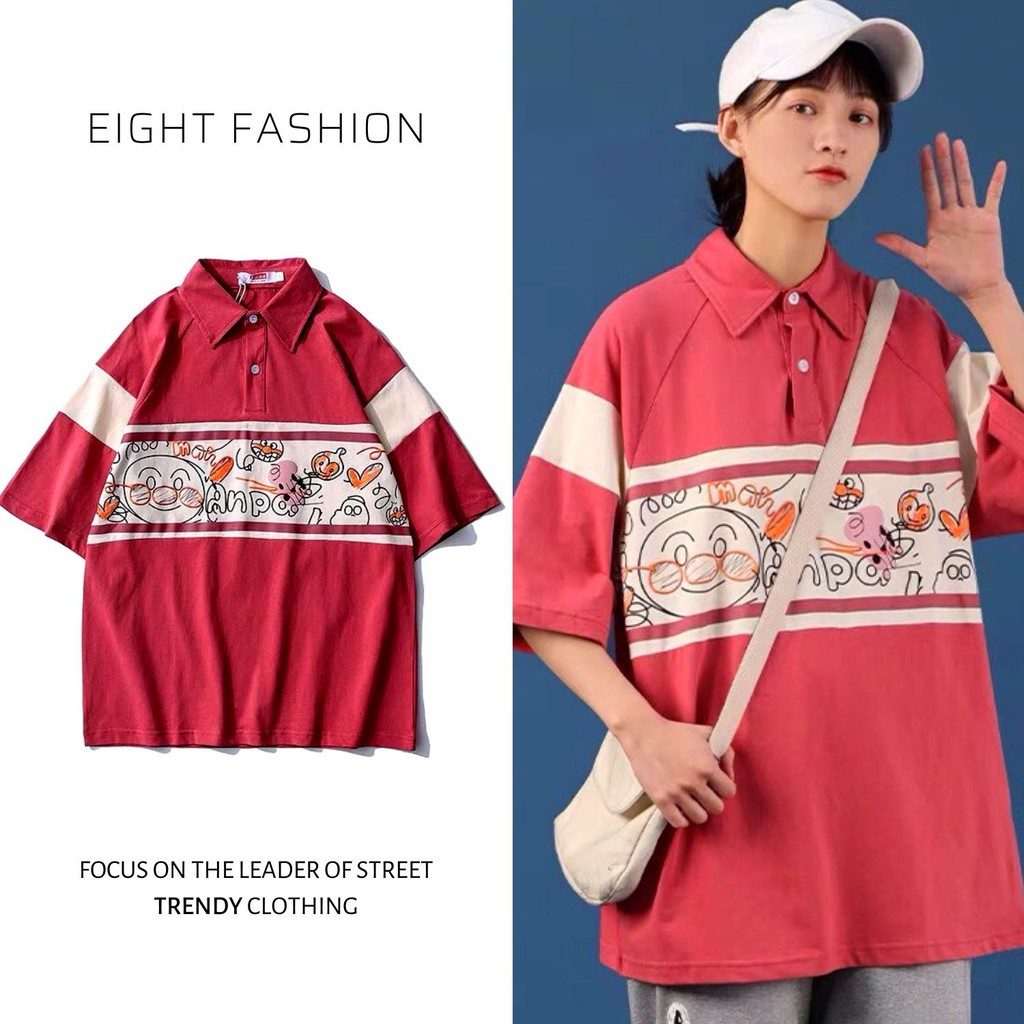 Áo Thun Tay Lở Có Cổ POLO Nam/Nữ Unisex In Hình Hoạt Hình Trẻ Trung Phối Hai Màu Form Rộng Áo Thun EIGHTFASHION TC100