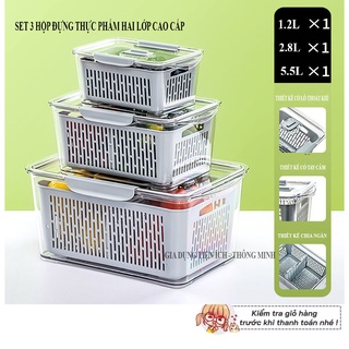 Set 3 Hộp nhựa 2 lớp có nắp đậy kín đựng thực phẩm, bảo quản rau củ trong tủ lạnh