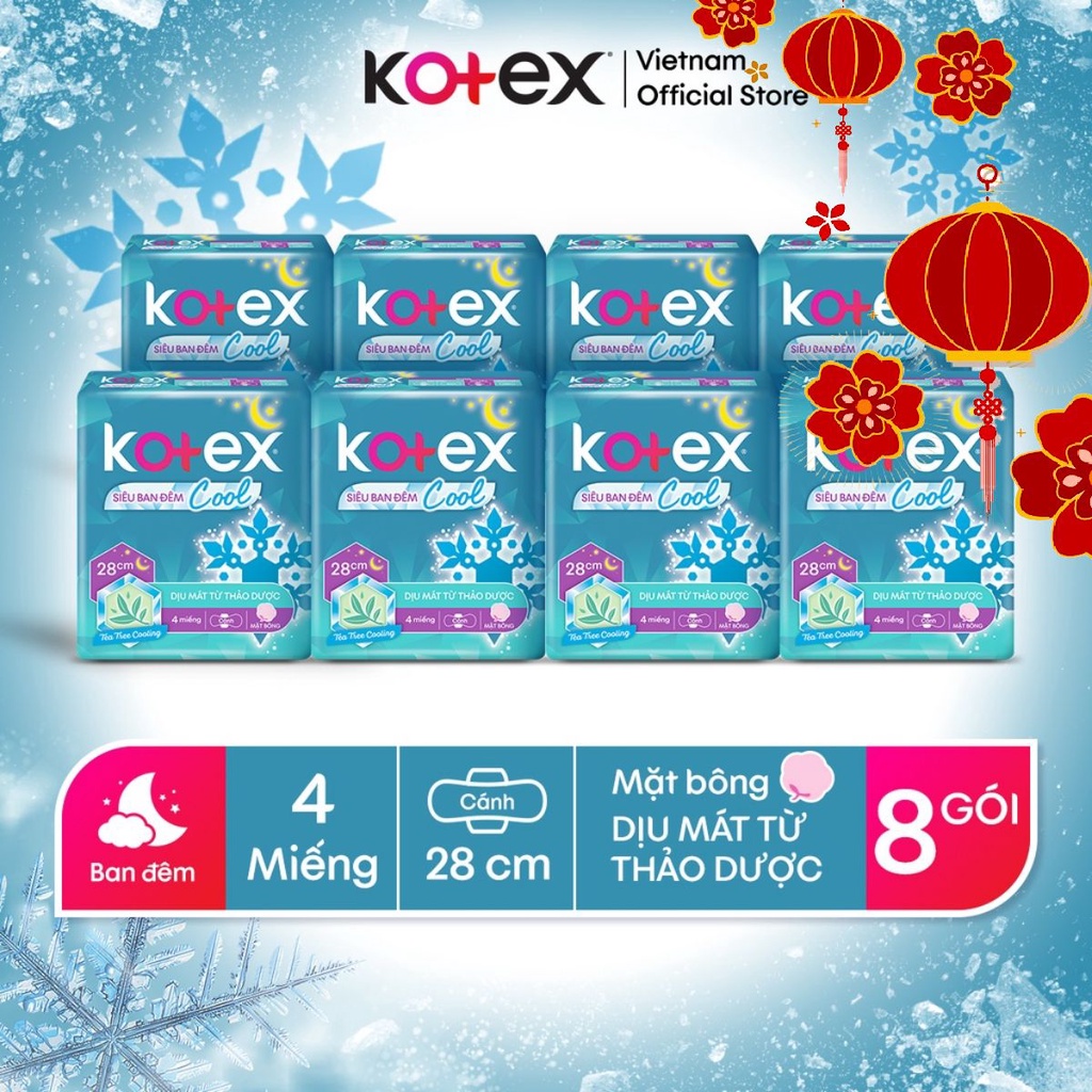 Combo 8 băng vệ sinh Kotex Siêu Ban đêm Cool 28cm 4miếng/gói