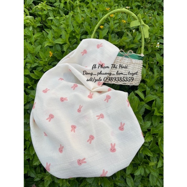 vải đũi xốp mềm mịn hình thỏ tai dài hồng siêu xinh may váy bộ