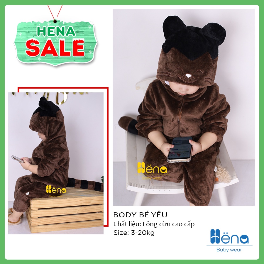 Bộ Body Hình Thú Mèo Mun Cho bé - Body lông cừu cho bé CAO CẤP từ 3-20kg, đồ liền thân mùa đông trẻ em - Henashop