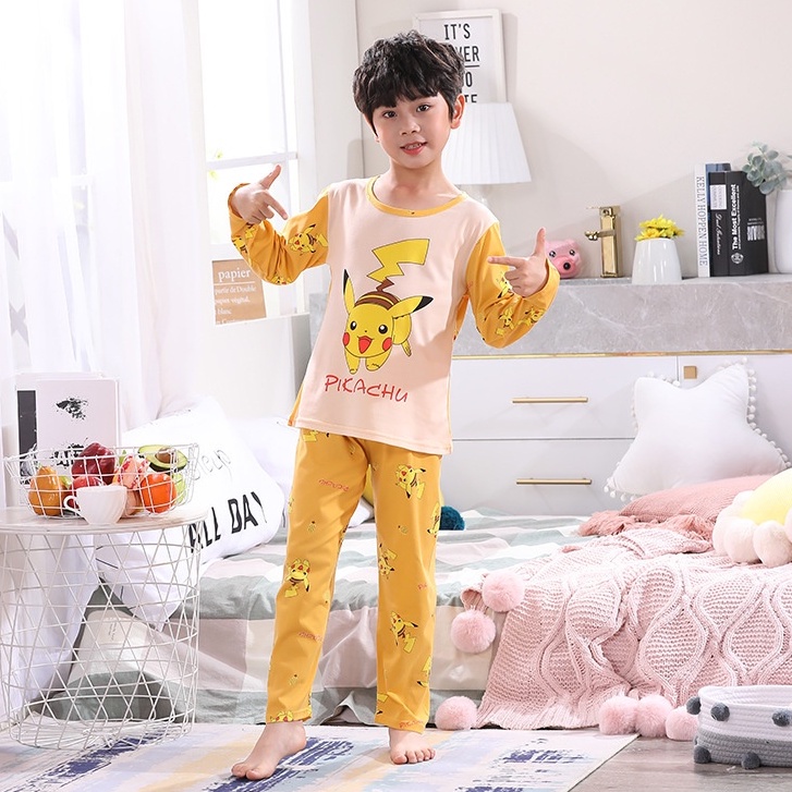 Bộ Đồ Ngủ Cổ Tròn Thoáng Khí In Họa Tiết Hoạt Hình Pikachu Dễ Thương Cho Bé Trai