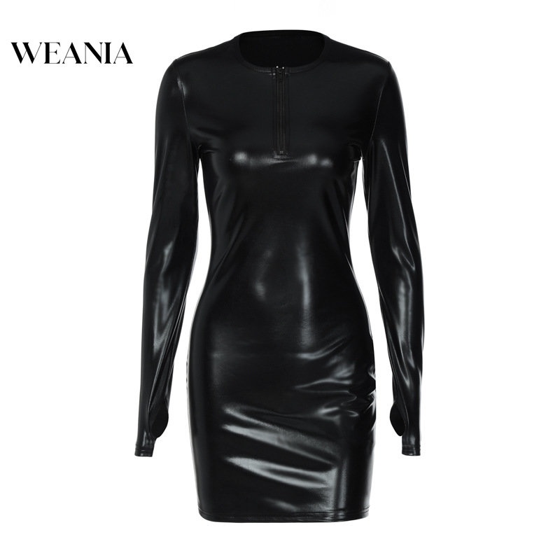 Đầm Da Pu Dài Tay Ôm Dáng Phối Khóa Kéo Quyến Rũ Cho Nữ