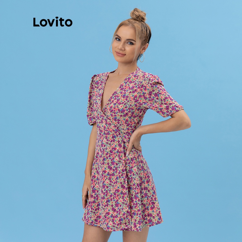  Đầm Lovito in hoa tay phồng dễ thương L06040 (màu tím) | BigBuy360 - bigbuy360.vn