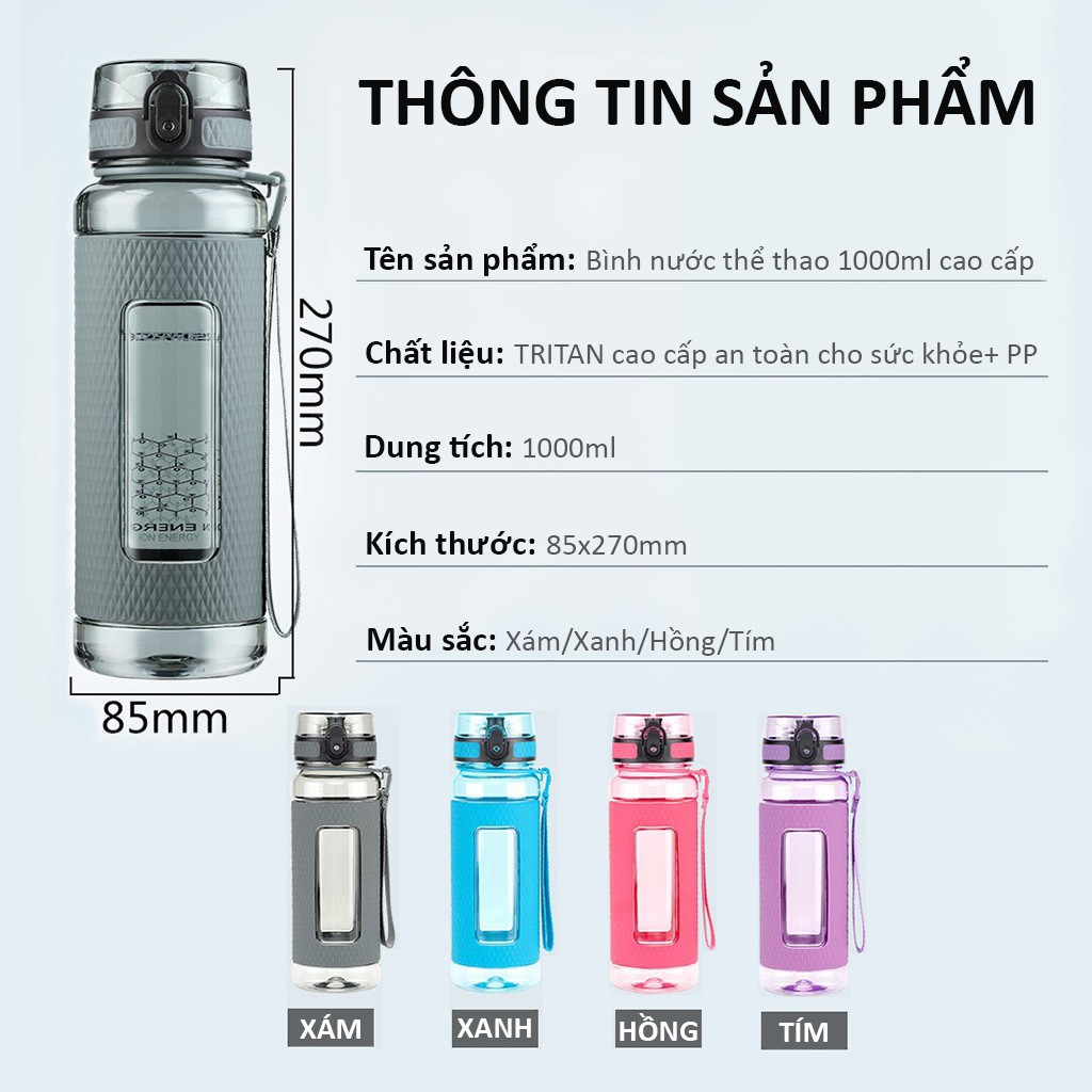 Bình nước nhựa Tritan 1000ml cao cấp an toàn sức khỏe dùng đi thể thao, tập gym, chạy bộ 4 màu sắc unisex Harry's Bottle