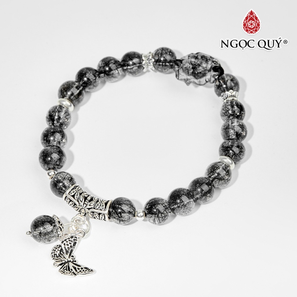 Vòng tay TA tóc đen charm hoa mẫu đơn và bướm hạt 7mm - Ngọc Quý