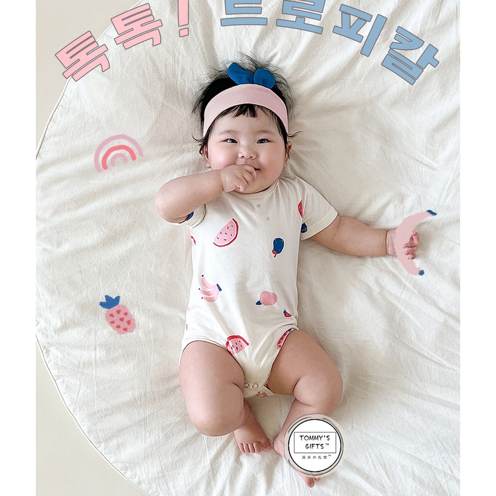 Bộ Áo Liền Quần Tay Ngắn Bằng Cotton In Họa Tiết Trái Cây Dễ Thương Kèm 1 Băng Đô Màu Hồng Phong Cách Hàn Quốc Thời Trang Mùa Hè Cho Bé 0-2 Tuổi