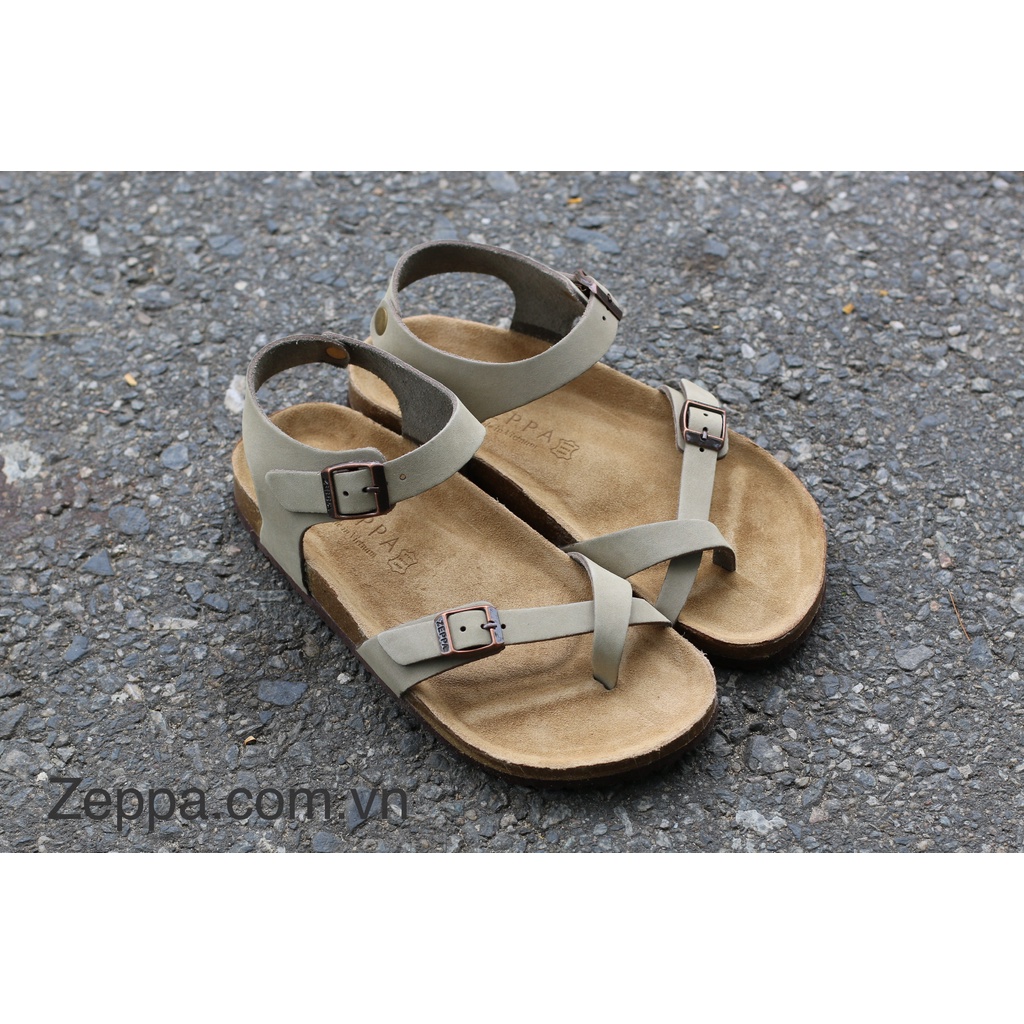 ZEPPA chính hãng - Da bò thật 100% - Sandal xỏ ngón chéo màu xám xanh rêu MS: SX2 (Size: 35-43) - Sandal đế trấu da bò