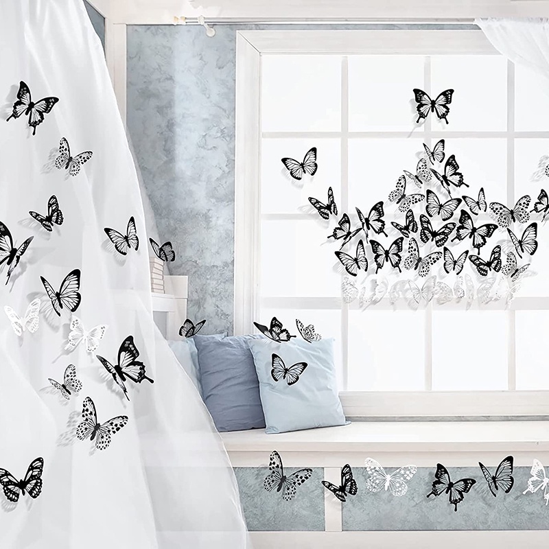 1 Set Miếng Dán Tường Trang Trí Hình Bướm Đen Và Trắng 3D Bằng PVC Có Thể Tháo Rời