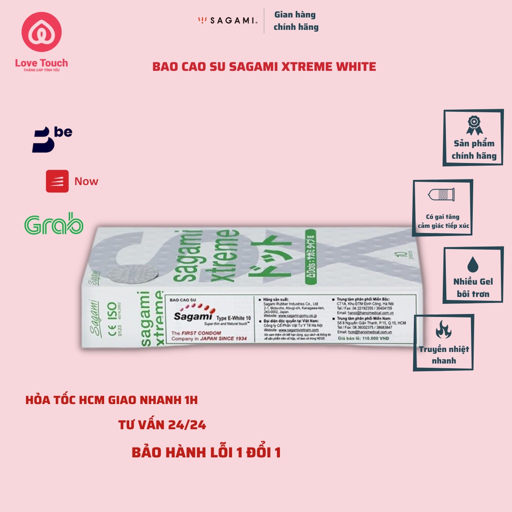 Hộp 10 cái bao cao su gân gai sagami XTREME WHITE kéo dài thời gian - LOVE TOUCH - cam kết che tên