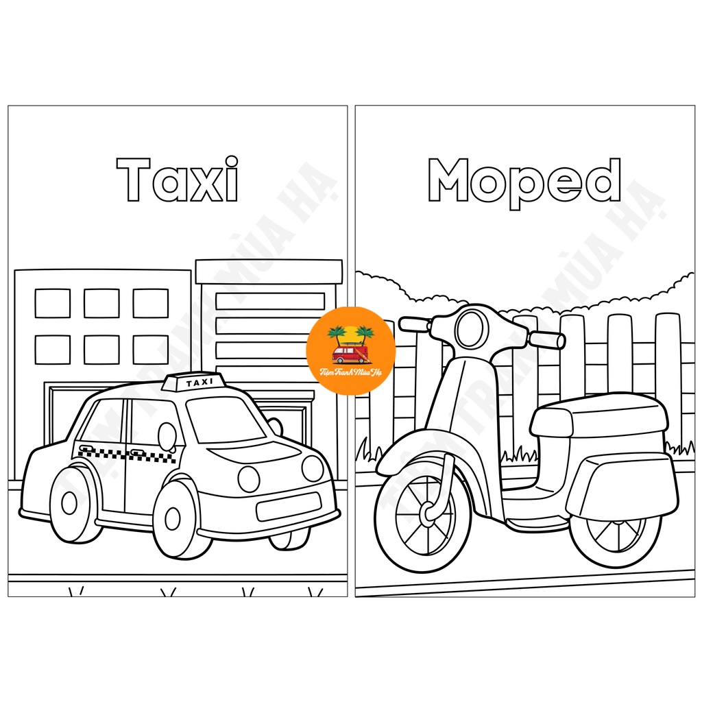Set 30 Tờ Tranh Tô Màu Các Loại Xe Có Từ Tiếng Anh Cho Bé Size A5 Dành Cho Màu Sáp, Màu Chì - Tiệm Tranh Mùa Hạ