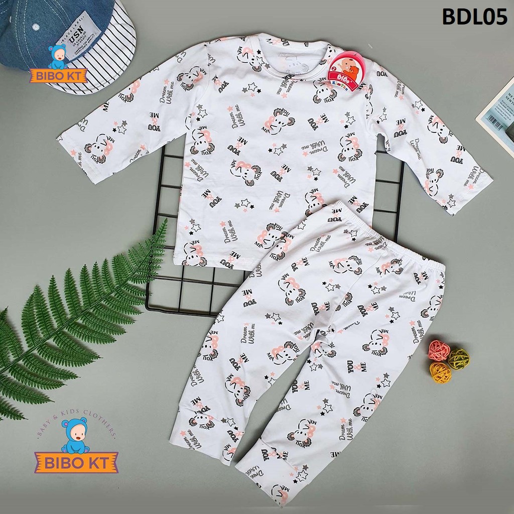 Bộ cổ viền tay dài cotton 100% 4 chiều co giãn êm ái hình hoạt hình dùng mặc ở nhà Bibo Kim Thu size1-6(6-18kg)