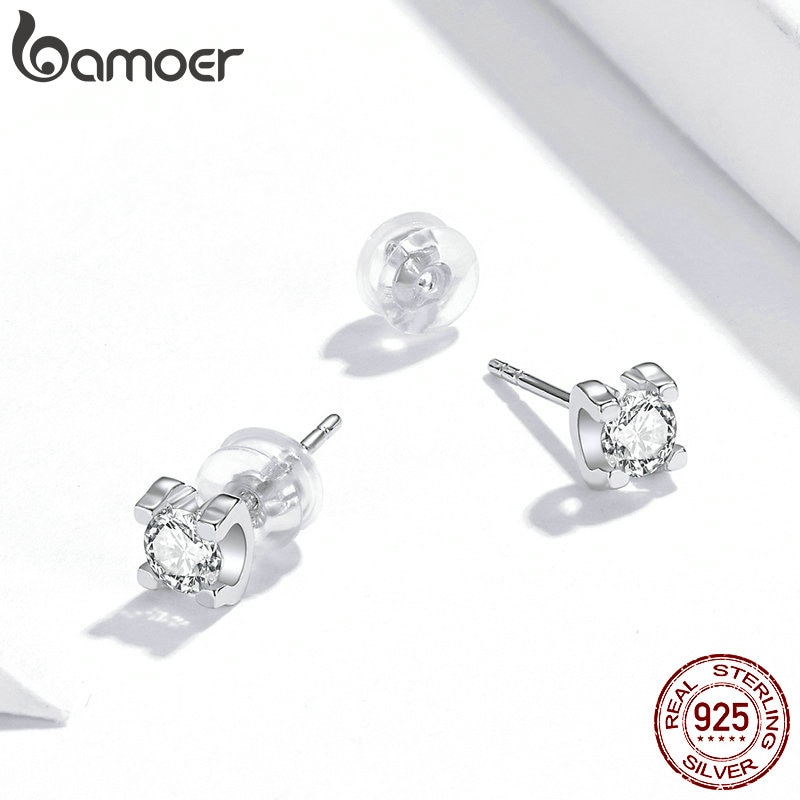 Khuyên Tai Bạc 925 Bamoer Đính Zircon CZ Đơn Giản Không Gây Dị Ứng Cho Nữ SCE974