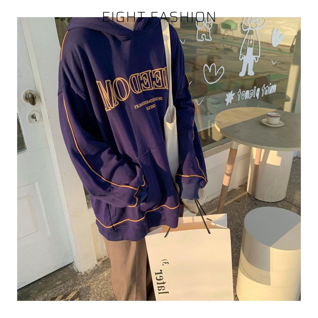 Áo Hoodie Thun Cotton Thêu Chữ FREEDOM Mặc Mát Vào Mùa Hè Phong Cách Hàn Có Mũ Trùm Đầu Áo Tay Dài EIGHTFASHION HD101