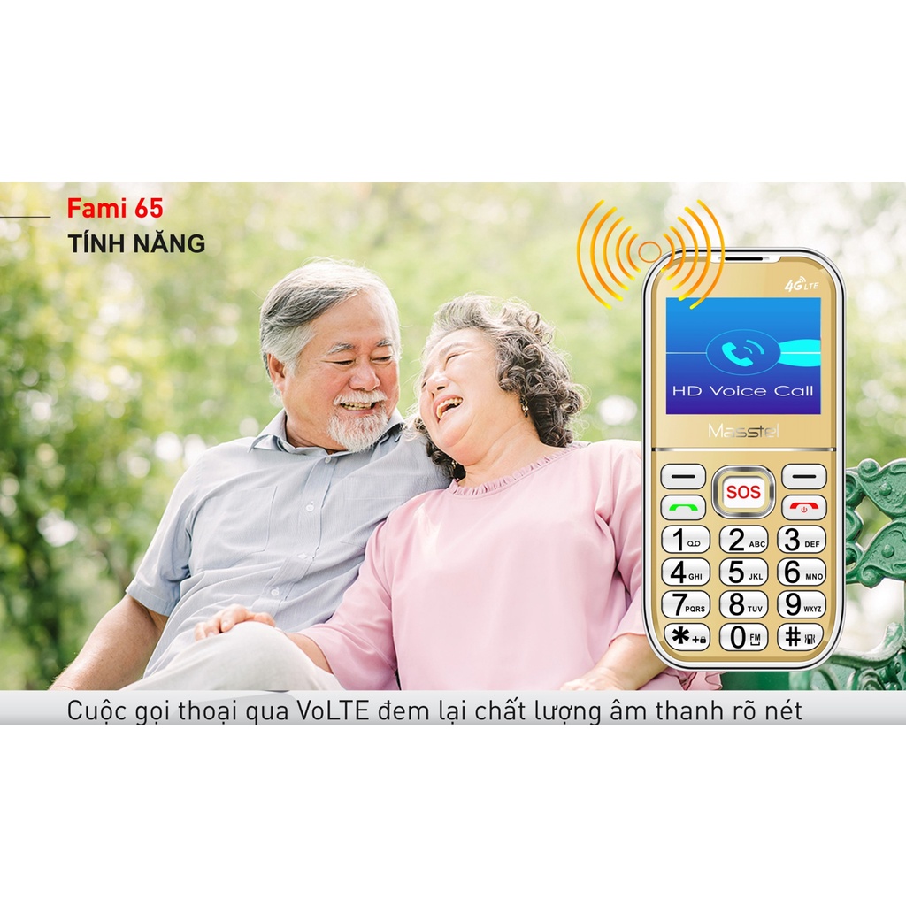Điện thoại Masstel Fami 65 4G - Gọi HD Call ,Tặng đế sạc , Màn hình lớn , Phím bấm to - Hàng chính hãng