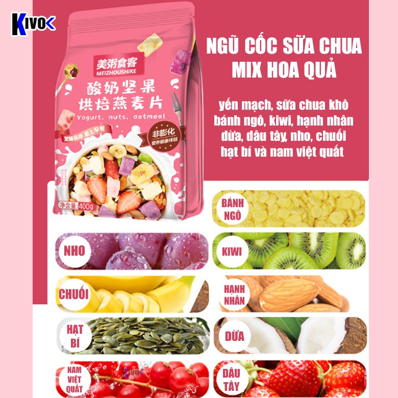 [GÓI HỒNG] Ngũ Cốc Sữa Chua Hoa Quả Trái Cây Sấy Khô Oatmeal Yến Mạch Meizhoushike 400G - Ngũ Cốc Ăn Kiêng Giảm Cân Kivo | BigBuy360 - bigbuy360.vn