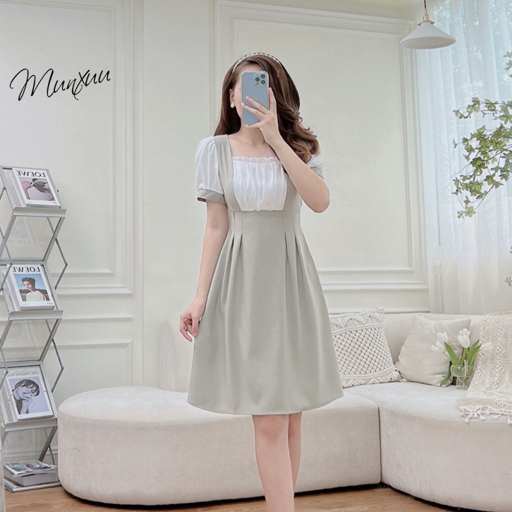 Váy nữ thiết kế MUNXUU phối bèo cổ vuông vải tơ mềm mát kiểu dáng thanh lịch - V10