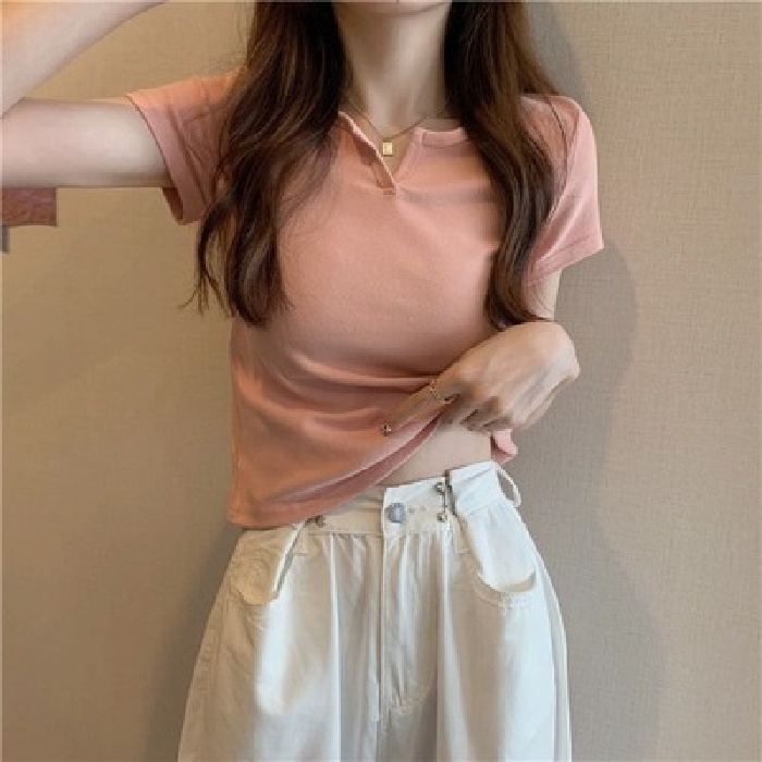 Áo Thun Croptop Tay Ngắn Cổ Chữ V Thời Trang Mùa Hè Cho Nữ