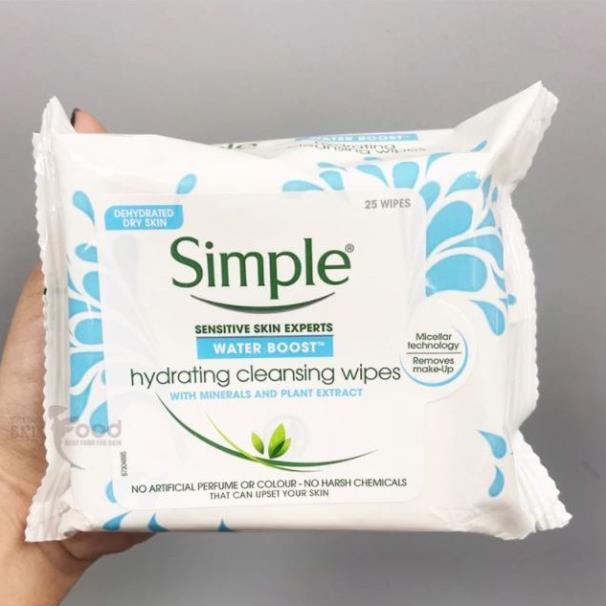[Gói 25 Miếng] Khăn Giấy Tẩy Trang Simple Water Boost Hydrating Cleansing Wipes