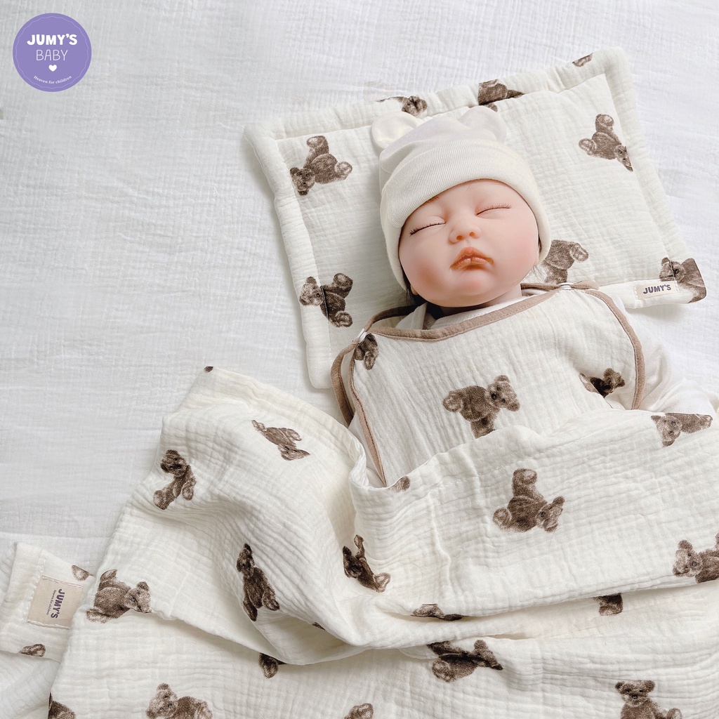 Set chăn gối cho bé vải xô muslin cao cấp organic dễ thương, gòn tơ kháng khuẩn, an toàn, thân thiện với làn da của trẻ