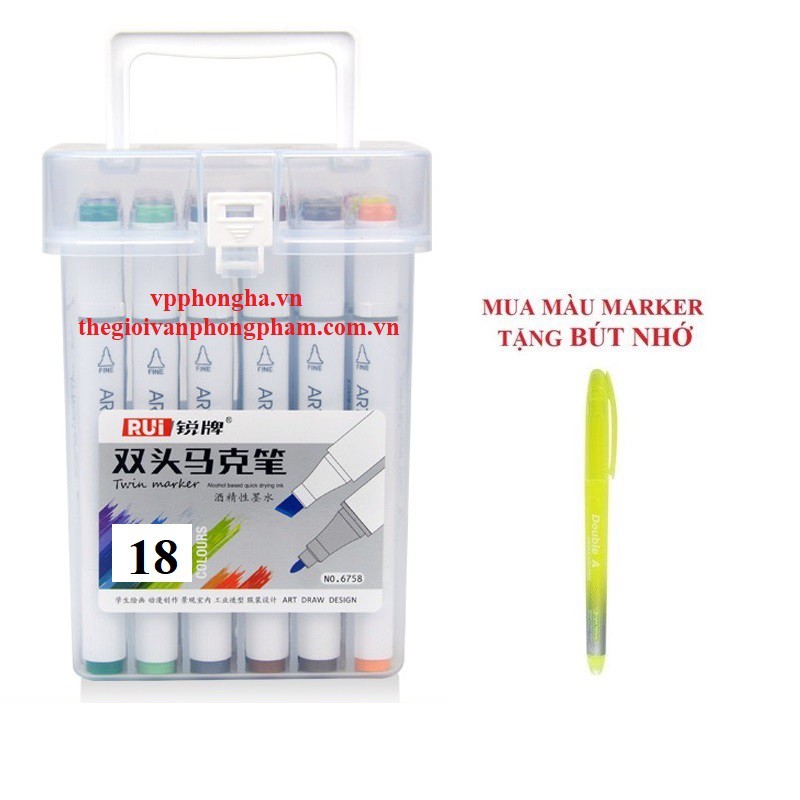 Bút màu Marker 18 màu RUI 6758-18 (Tặng bút nhớ dòng)