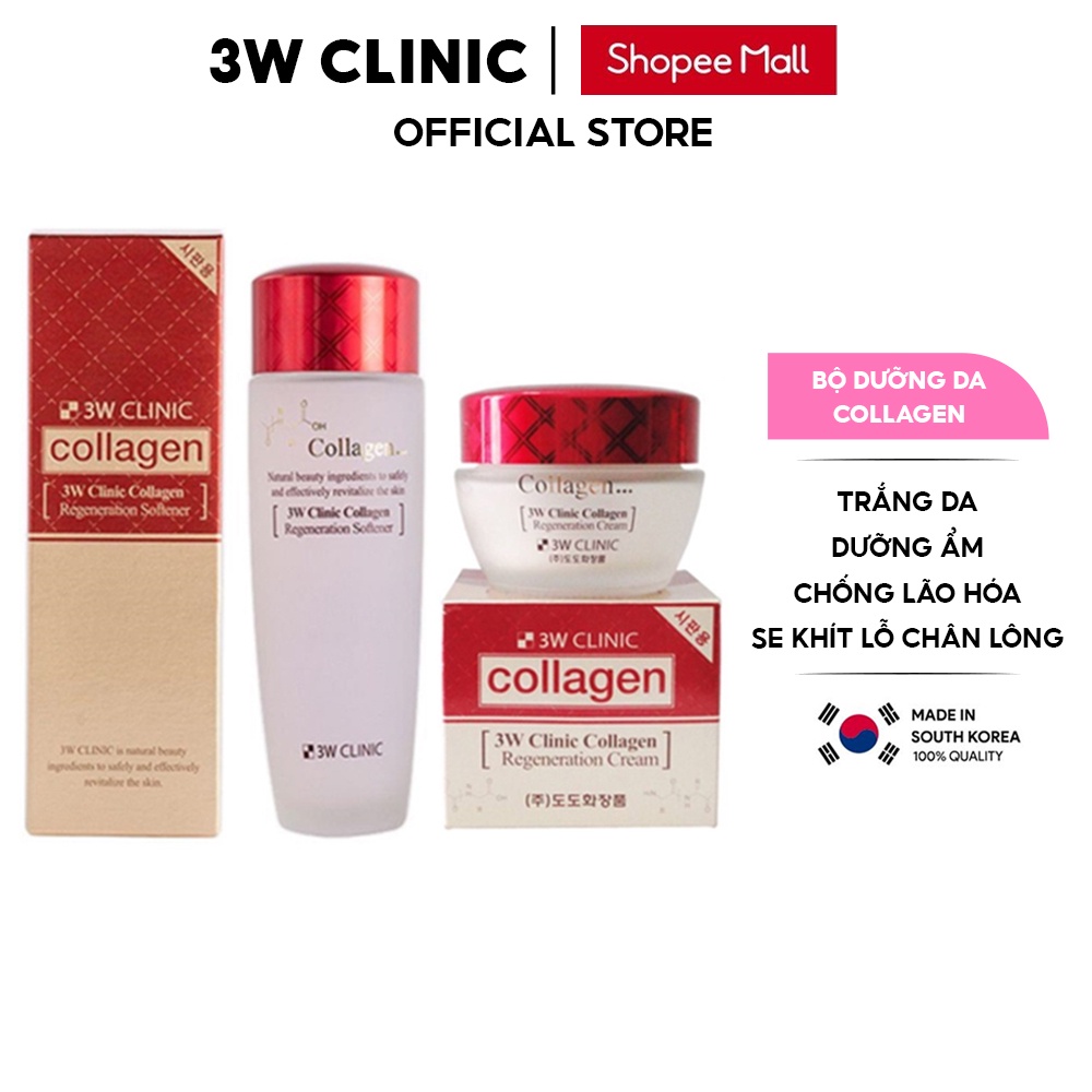 Bộ Skincare dưỡng da săn chắc 3W CLINIC Hàn Quốc chiết xuất từ Collagen dưỡng trắng da dưỡng ẩm [Nước Hoa Hồng+ Kem]