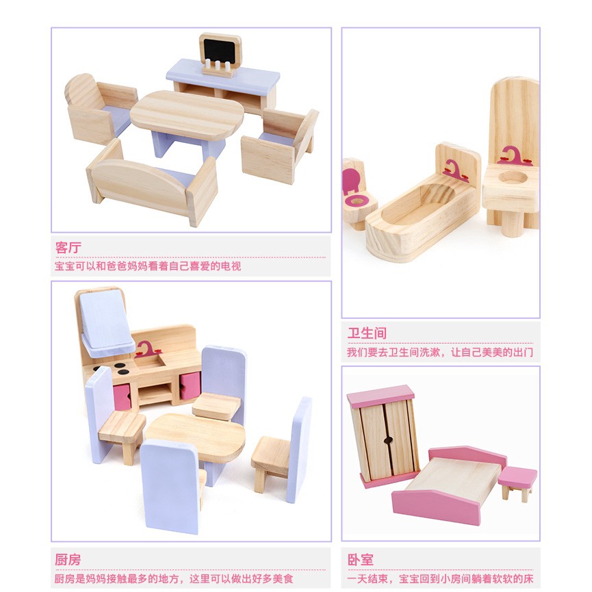 Ngôi Nhà Búp Bê Bằng Gỗ Màu Hồng Doll house - có kèm bàn ghế giường tủ đầy đủ như ảnh