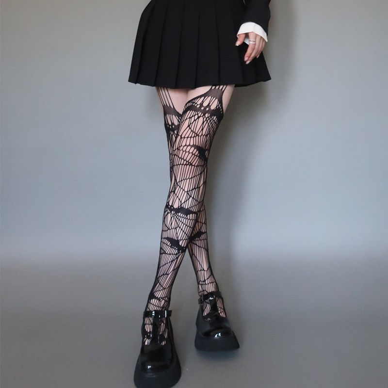 Gothic Spider Web Long Stockings Female Fishnet Socks Harajuku Bat Sling Sheer Pantyhose Tight Women for Dress Medias De Mujer