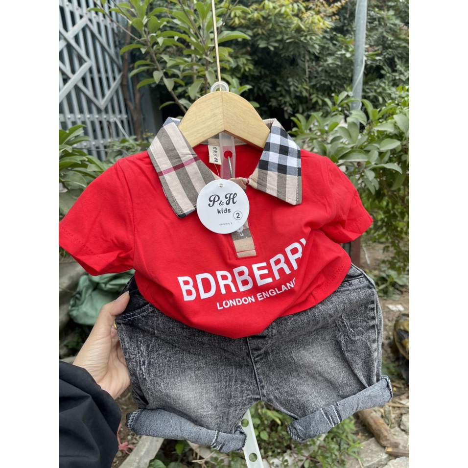 Set jean bé trai, Set Áo BBR cổ đức kèm quần jean cho bé trai