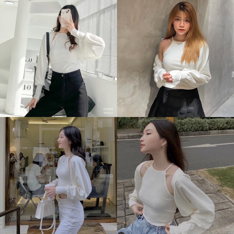 Set Áo khoác và áo yếm SIMO TOP gồm áo khoác croptop tay dài và áo yếm 2 dây xinh xắn với tone màu basic trắng và đen