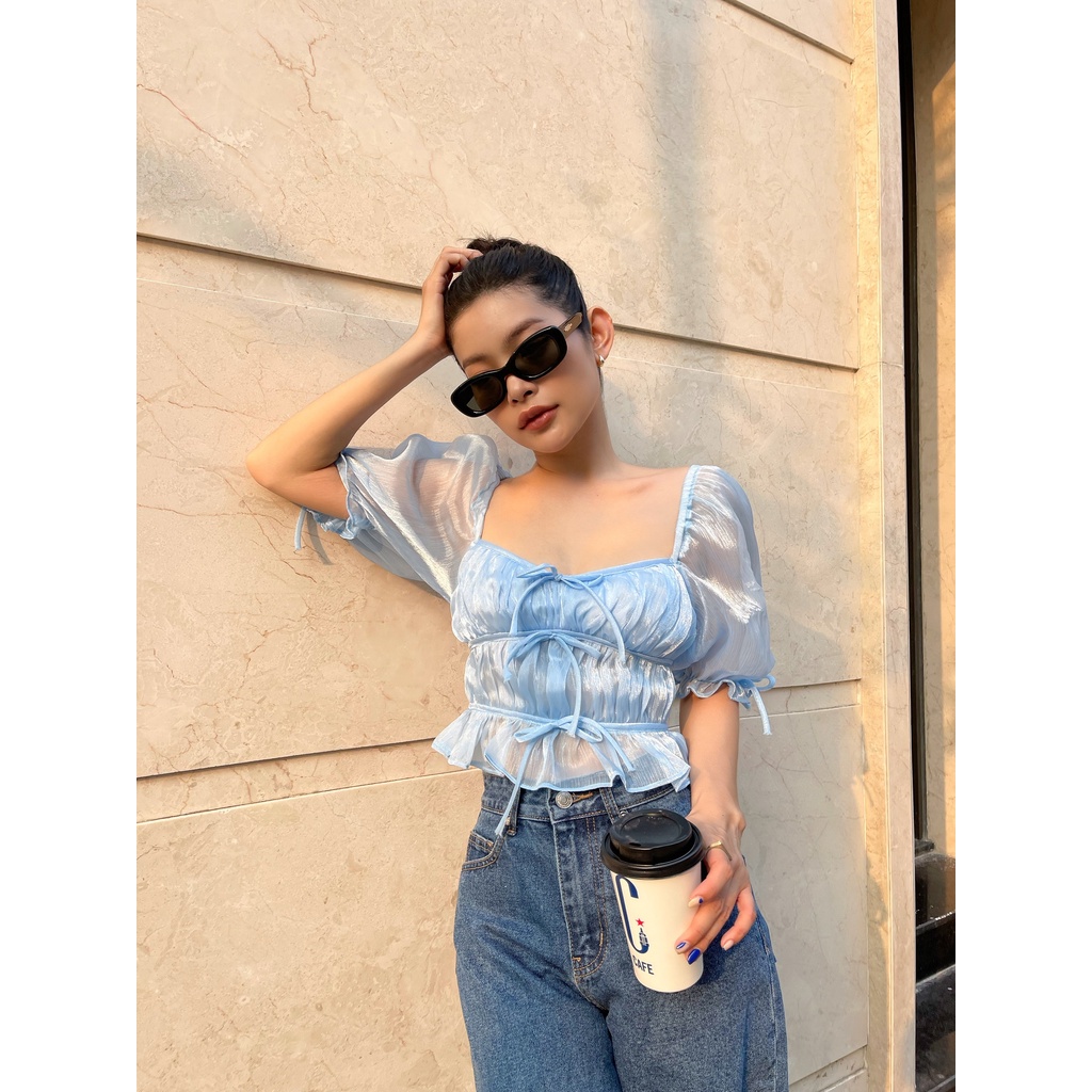 Áo crotop SheByShj tay phồng màu xanh dương - Blue Dana Top