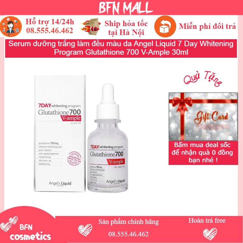 Serum dưỡng trắng làm đều màu da Angel Liquid 7 Day Whitening Program Glutathione 700 V-Ample 30ml
