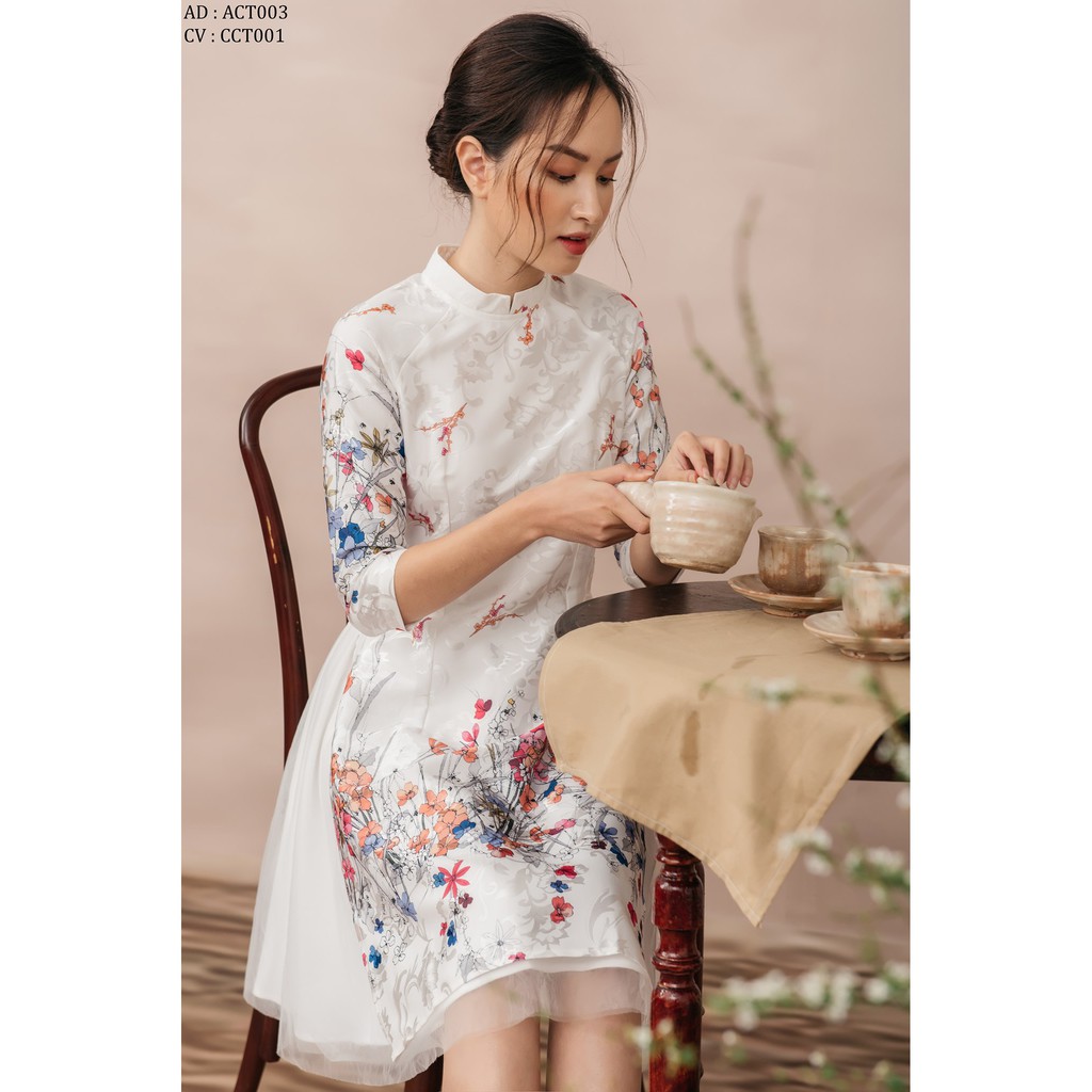 Áo dài gấm hoa cỏ cổ tàu (không kèm chân váy) TIIN STORE ACT003