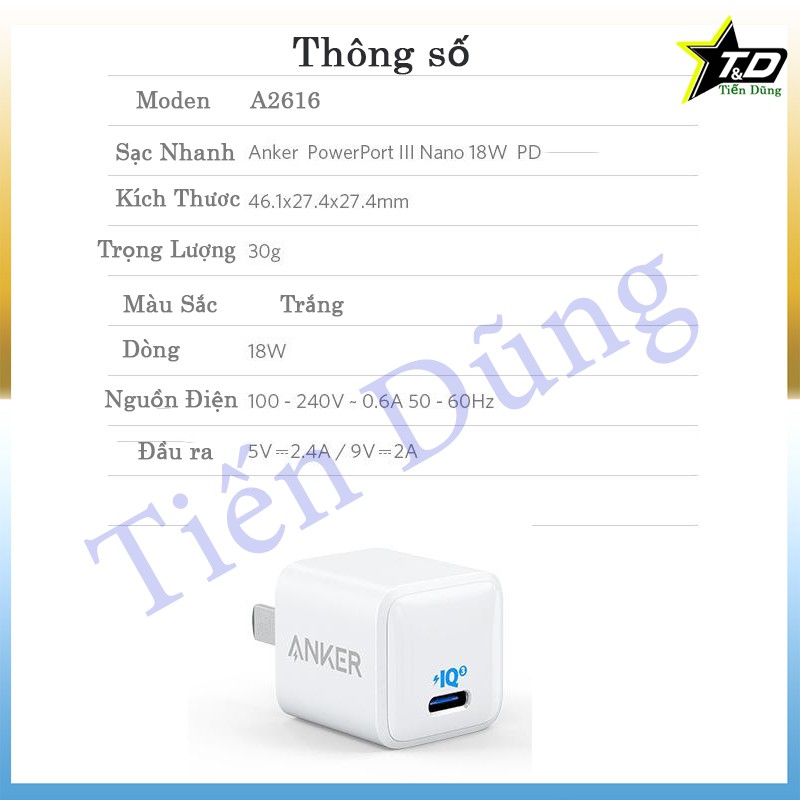 Sạc nhanh Anker PowerPort PD Nano 18W A2716 cổng USB-C