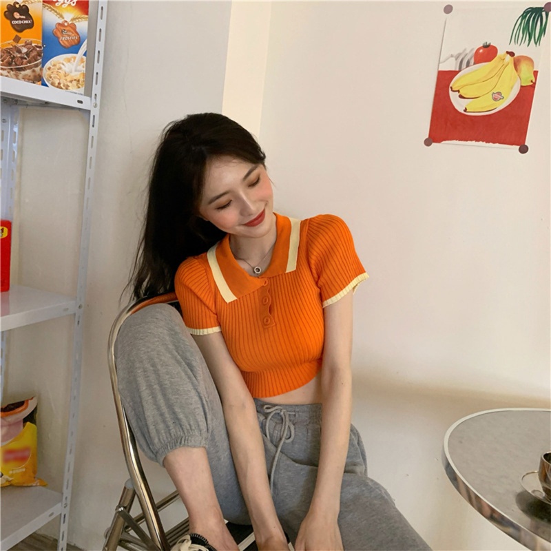 Áo Thun Dệt Kim Mỏng Cổ Bẻ Viền Màu Khối Thời Trang Mùa Hè Cho Nữ