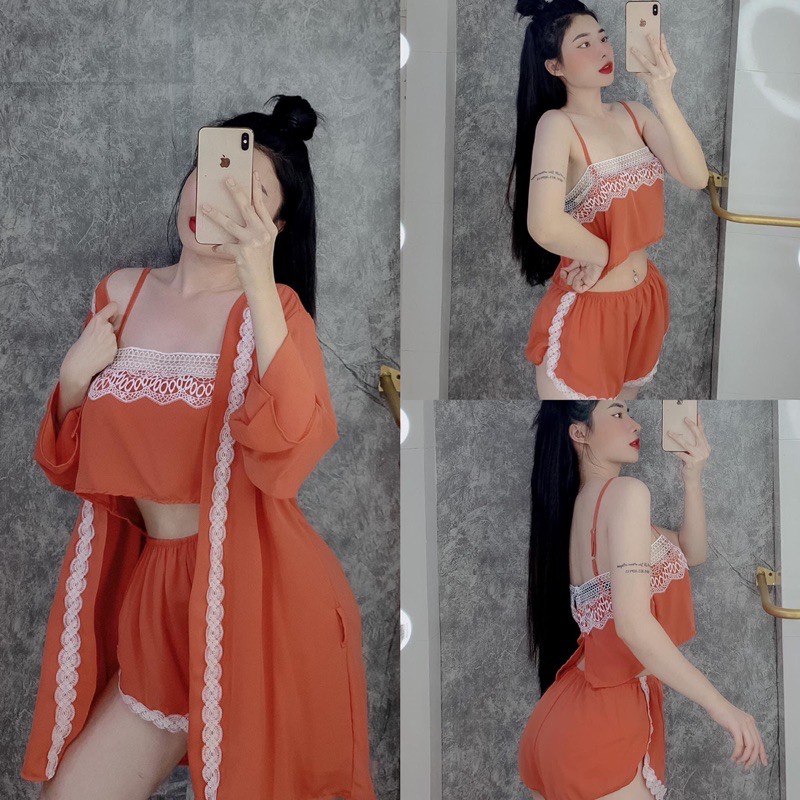 Bộ ngủ sexy combo ba món ,áo choàng ,áo ,quần sexy có phối gen sang chảnh chất lụa tơ tầm fom dưới 58 kg siêu sexy | BigBuy360 - bigbuy360.vn