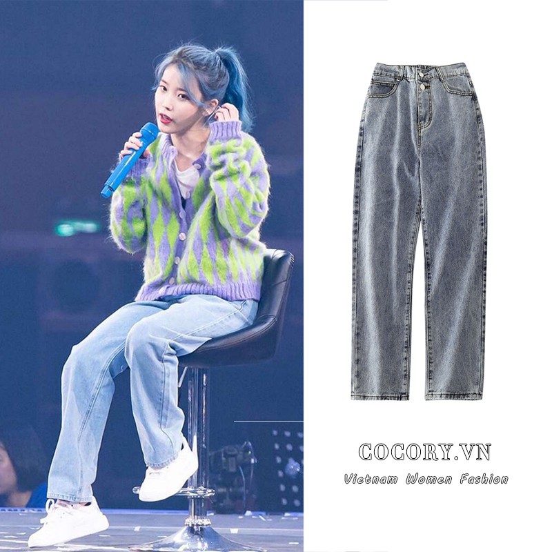 Cocory vn Quần jean lưng cao ống rộng thời trang dành cho nữ