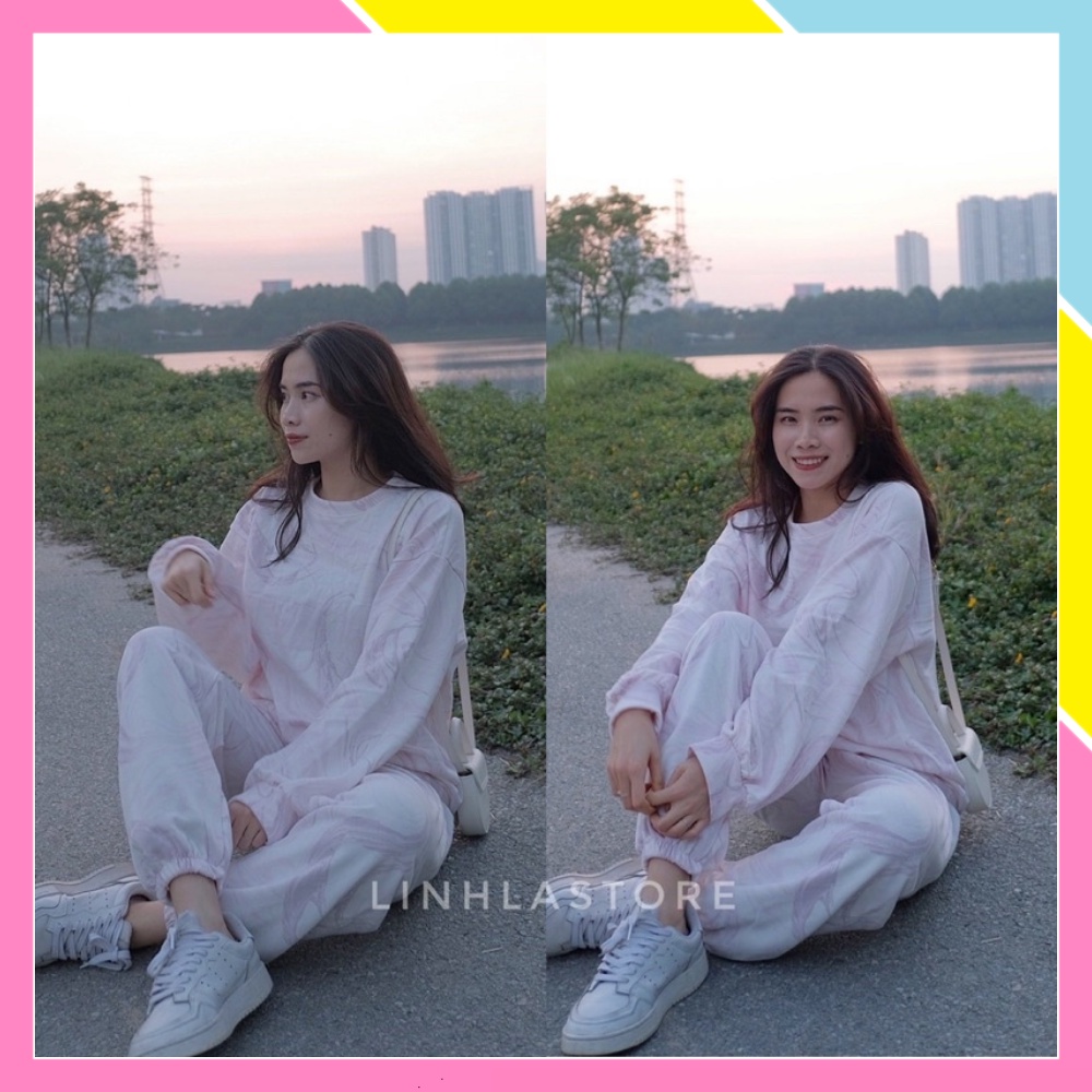 Set bộ đồ nữ nỉ bông form rộng dài tay thu đông áo nỉ sweater quần boom cao cấp giá rẻ loang vân đá Ulzzang