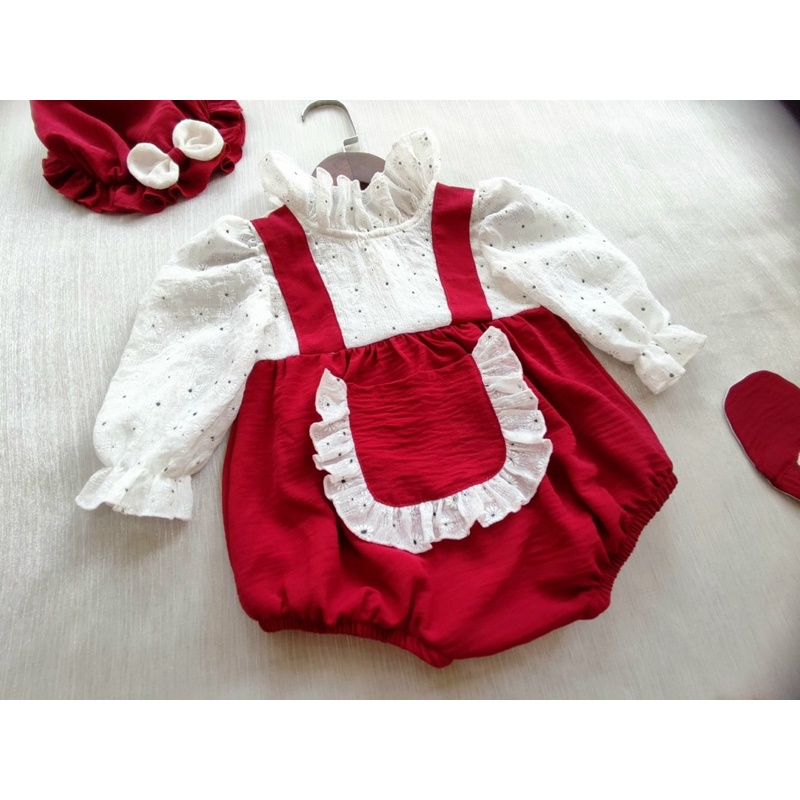 Bodysuit Túi Đỏ Phối Ren Cho Bé Gái 0-12 Tháng Kèm Mũ Và Tất Chân, Váy Sơ Sinh, Váy Đầy Tháng Bé Gái, Đầm Thôi Nôi