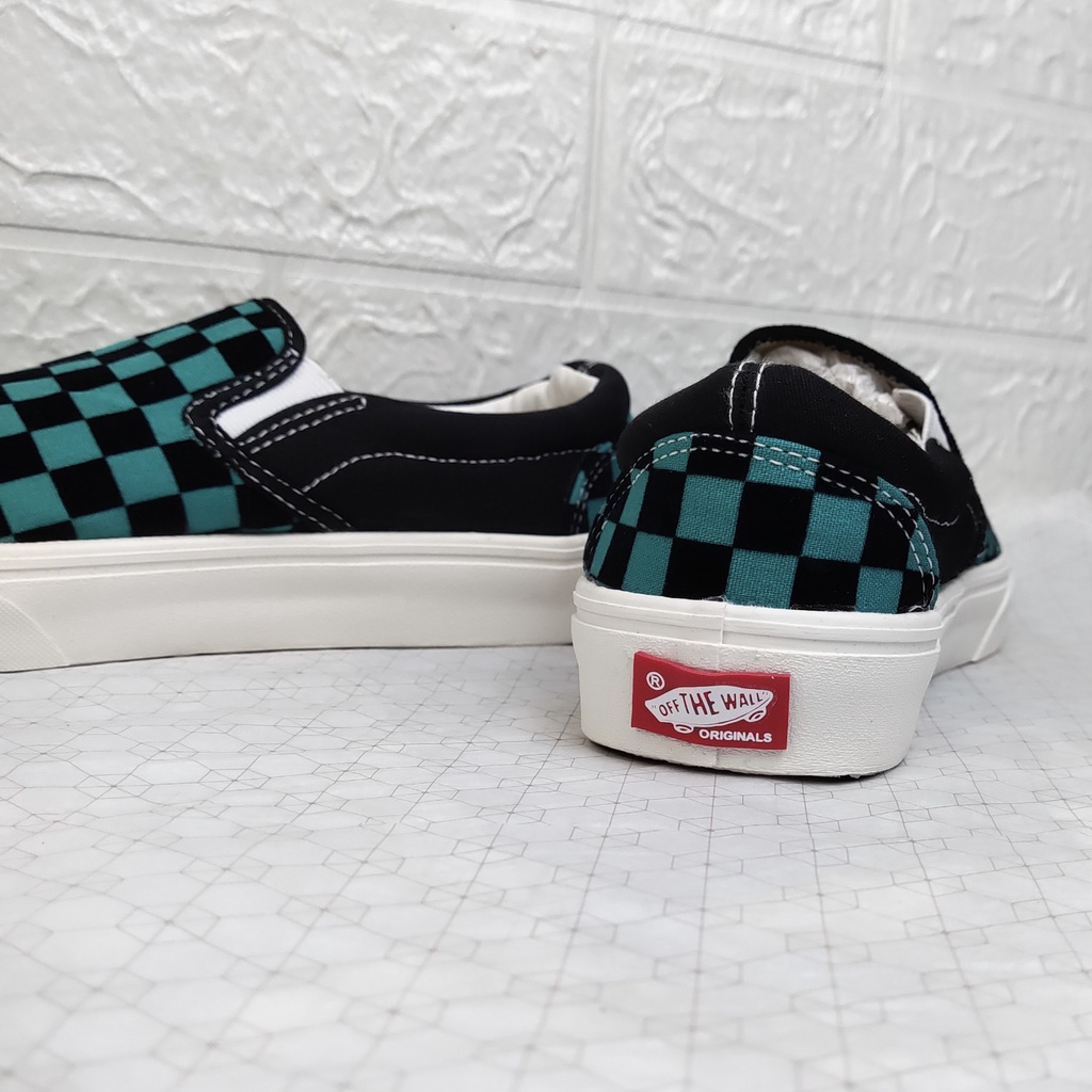 Giày Thể Thao Van Slipon Caro Xanh Đen, Giày Lười Caro Xanh Đen Nam Nữ Fullbox