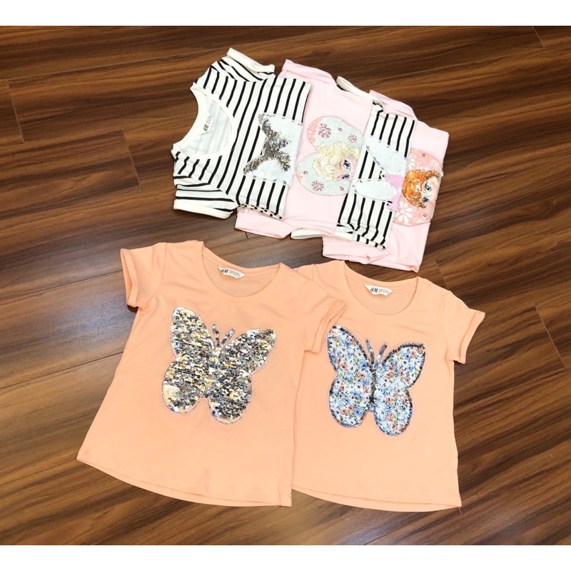 Áo phông/cộc bé gái kim sa lật thỏ/mèo/elsa