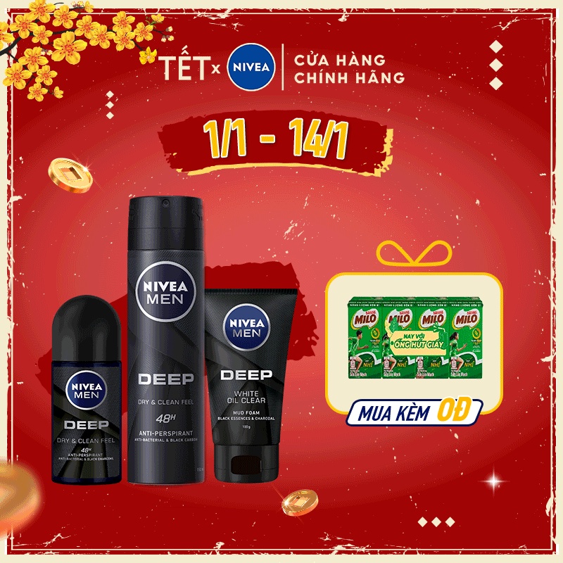 Bộ 3 NIVEA MEN Deep than đen hoạt tính (Xịt khử mùi 150ml + Lăn khử mùi 50ml + Sữa rửa mặt 100g) 80027+80031+84415