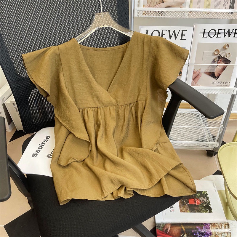 Áo Sơ Mi Cổ Chữ V Tay Lửng Phong Cách Hàn Quốc Ngọt Ngào Dành Cho Nữ