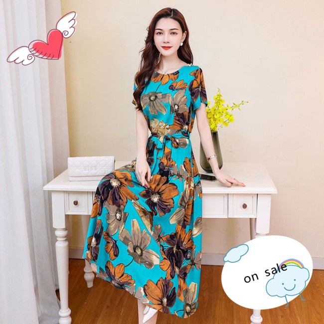 Flower Printed Bowknot Waist-slimming Long Skirt Plus Size Women Dress Crew-neck  Short-sleeved